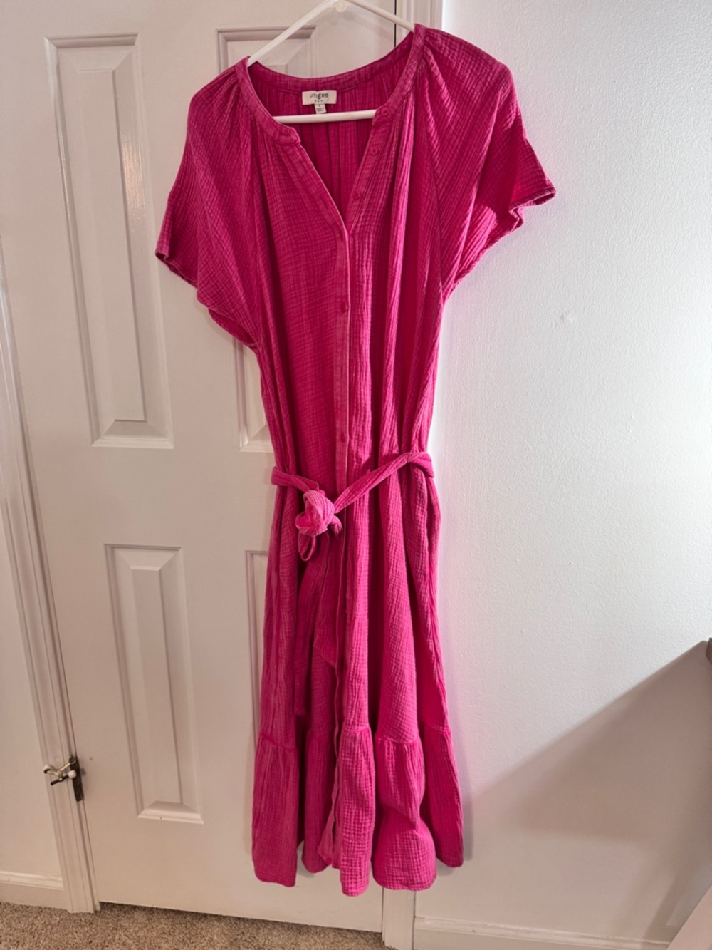 Umgee Hot Pink Button-Front Belted Midi Dress